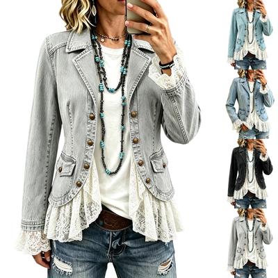 Chaqueta Cropped de Doble Botonadura para Mujer con Dobladillo con Adorno de Encaje y Cuello Solapa para Uso Diario