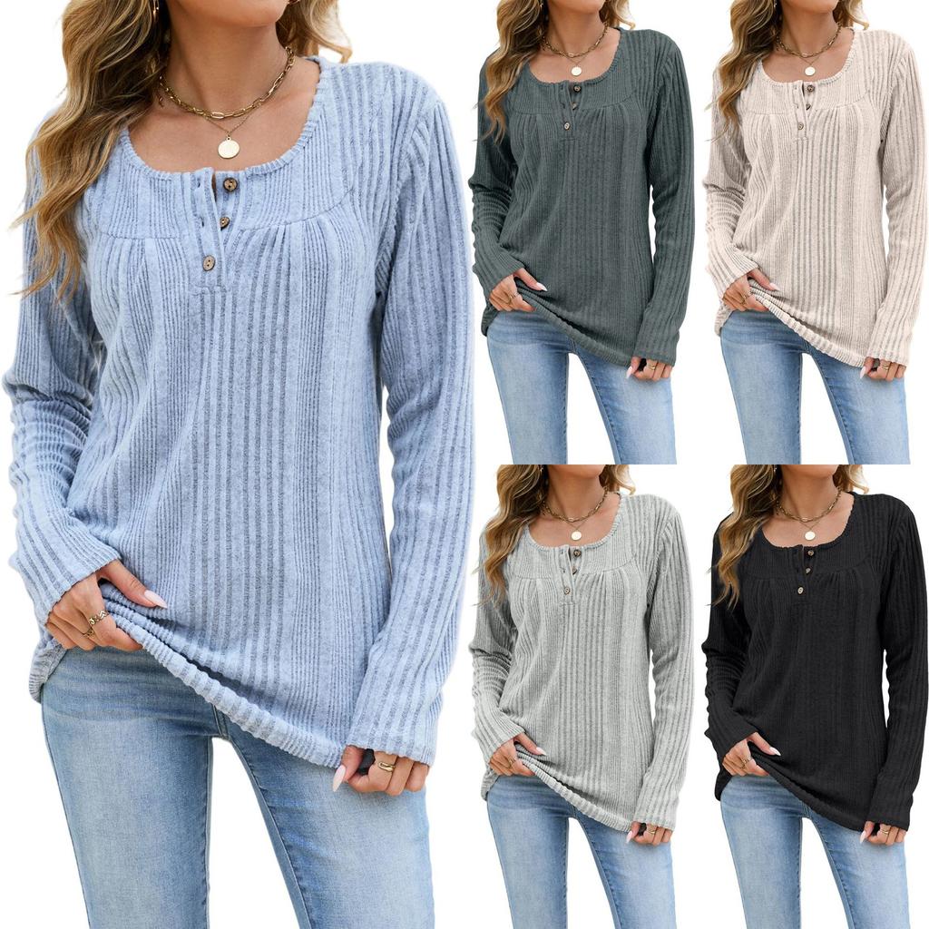 Women Long Sleeve Pullover Top Ribbed Knit Casual Loose Fit Henley Shirt with Button Detail Lightweight Soft Fabric Comfortable
