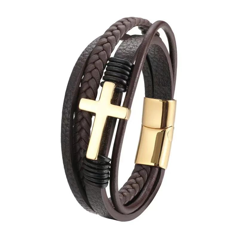 Punk Style Multilayer Leather Cross Stainless Steel Bracelet for Men Personality Hand Woven Magnet Buckle Bangle Hip Hop Jewelry