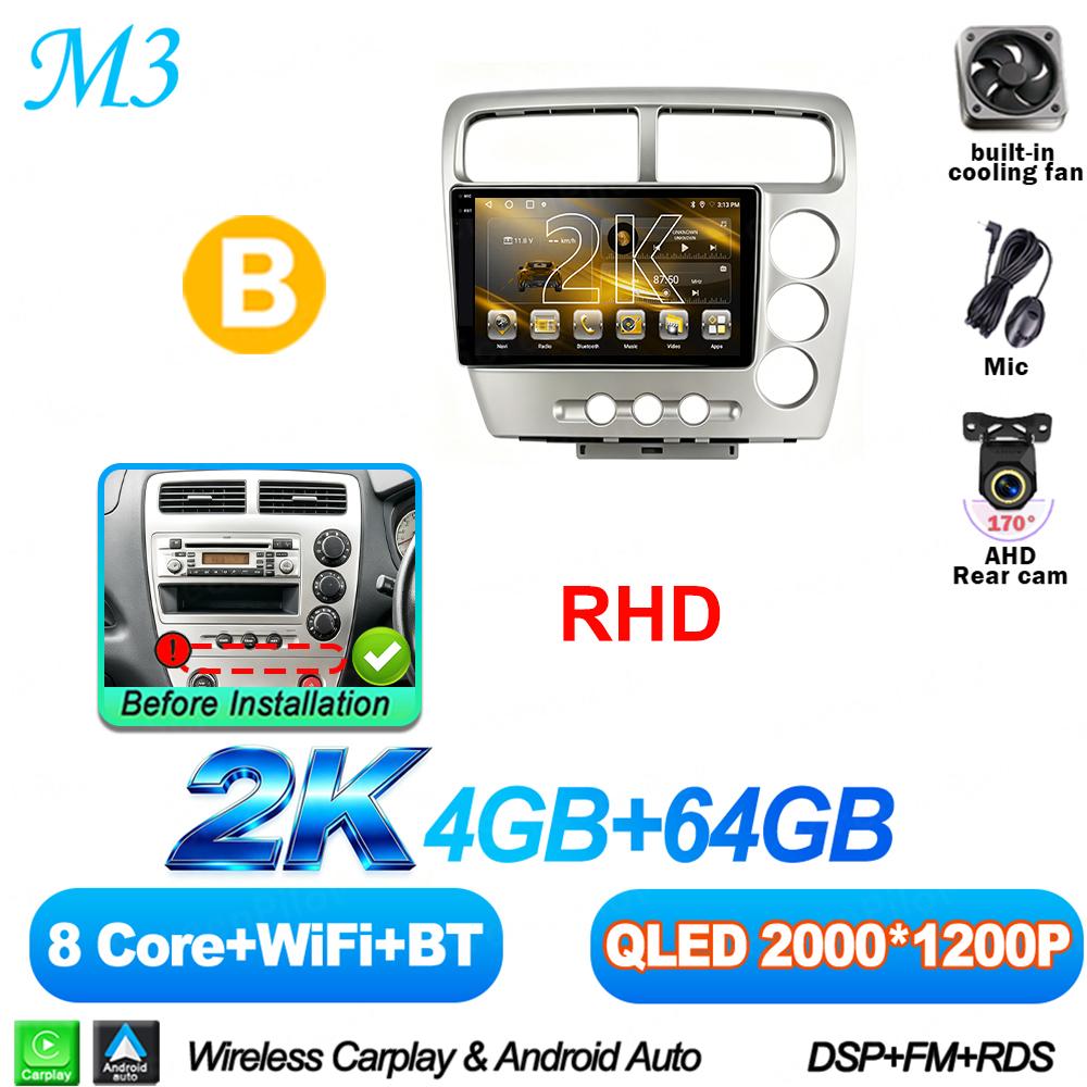 Android 16 For HONDA Civic EP3 2000-2005 Car Radio Stereo Head Unit Multimedia Video Player GPS Navigation 2K QLED 9 Inch 8 Core