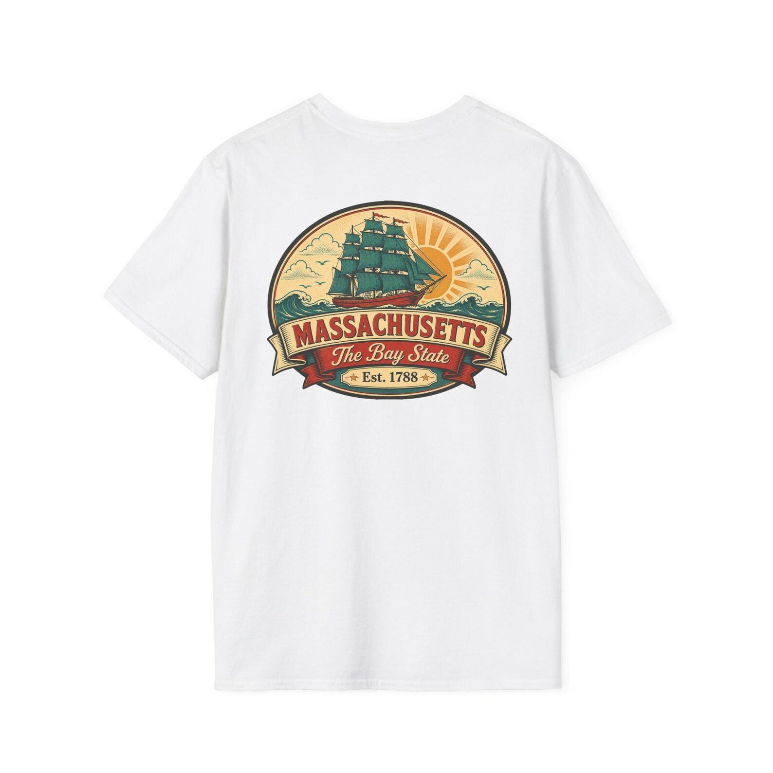 Massachusetts T-Shirt | Vintage Mid-Century Travel Luggage Tag Tee | Bay State Souvenir | MA Road Trip Gift S