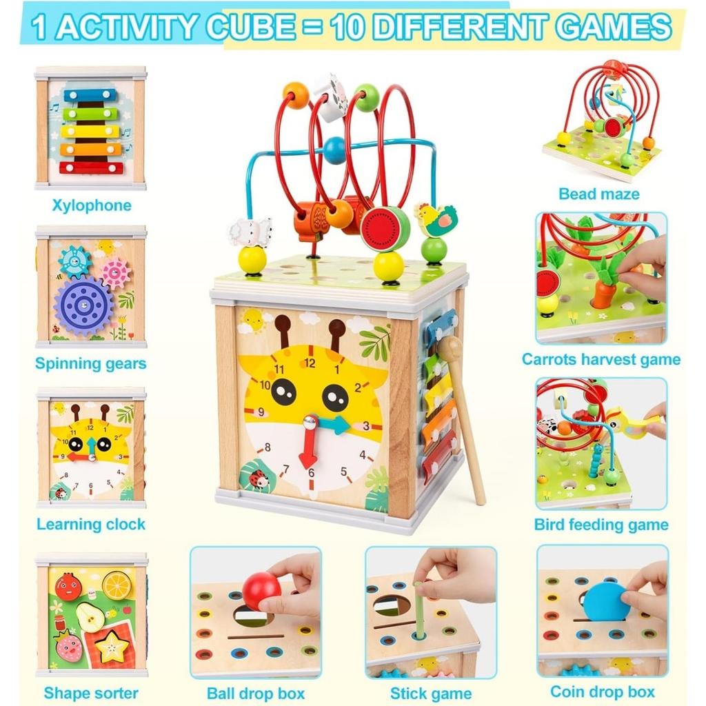 Montessori Wooden Educational Cube for Kids, Fishing Activity Toy with Shape Sorting, Multicolor Early Learning Toy