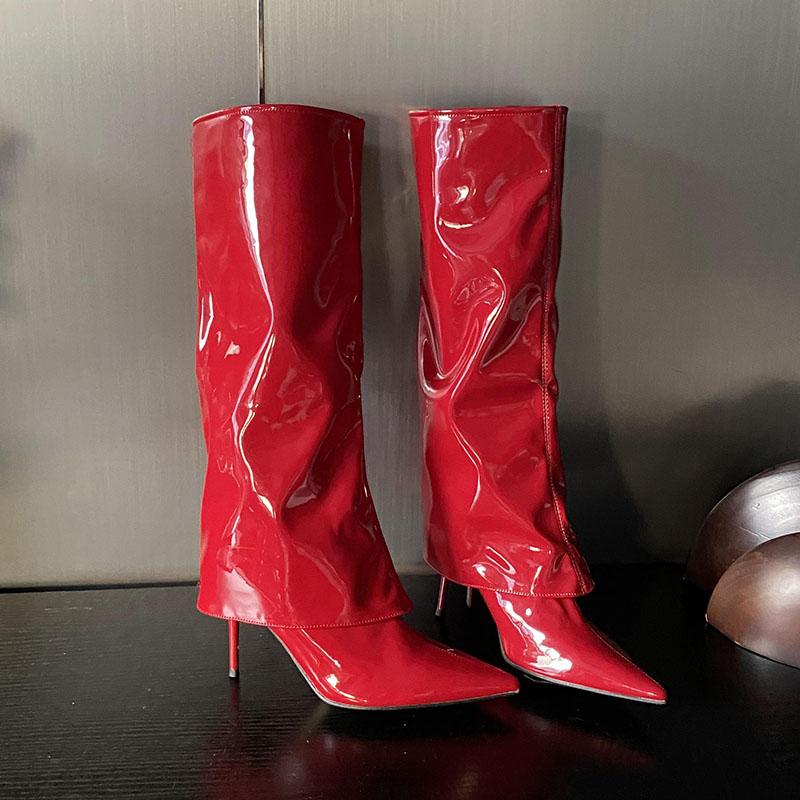 

Мода Мода Современные Женские Сапоги до Колена на Тонком Каблуке Женская Обувь Слипоны Заостренный Носок Женские Длинные Ботильоны Туфли 35 красный