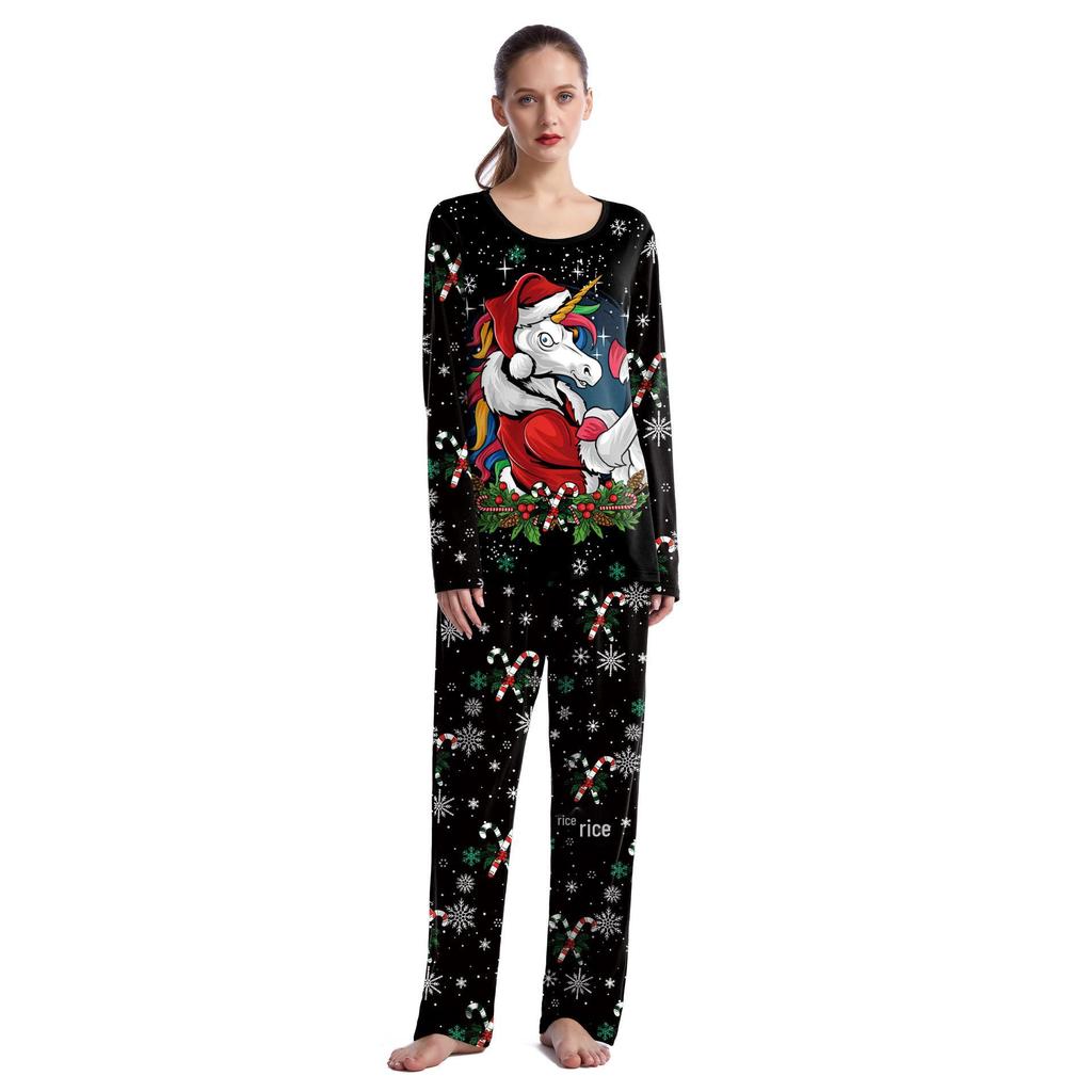 2024 Spring Christmas Couple Pajama Set: Round Neck Long Sleeve Top & Sweatpants for Women