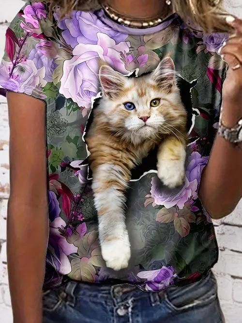 Cartoon Cat T-Shirts Cute Kitten Animal 3D Print Women's Short Sleeve Round Neck T Shirt Tees Harajuku Y2K Tops Female Clothing