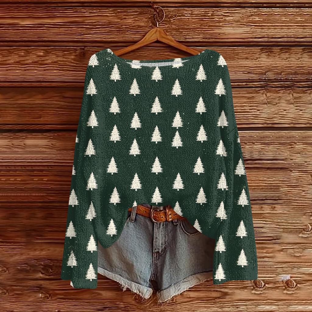 Women's Fashionable Oversized Knitwear Long-Sleeved Christmas Print Top