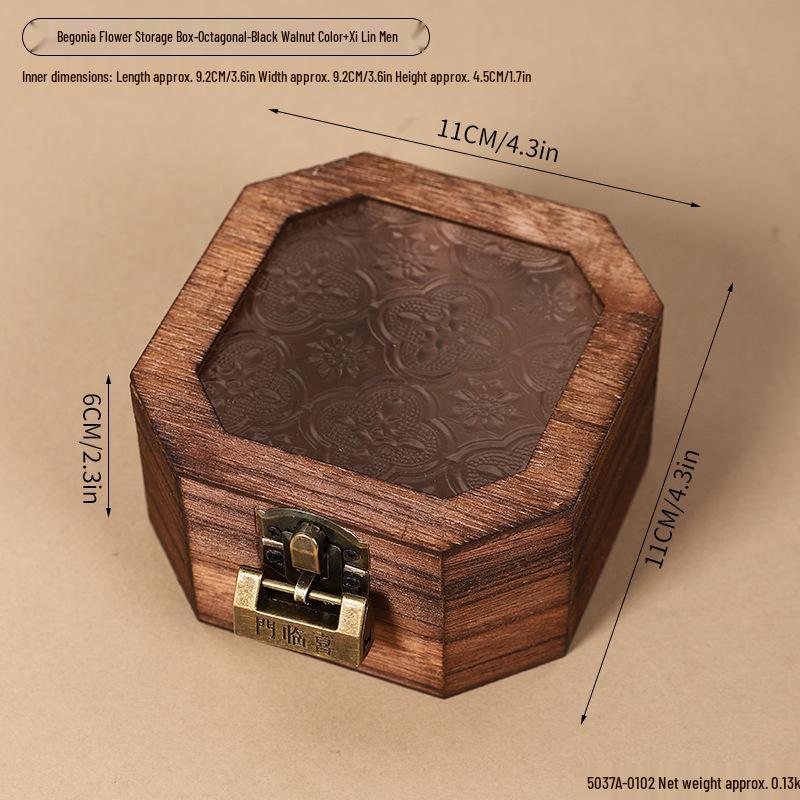 Retro Begonia Glass Lid Wooden Storage Box for Cosmetics, Snacks, Candy, and Documents - Dustproof and Multifunctional