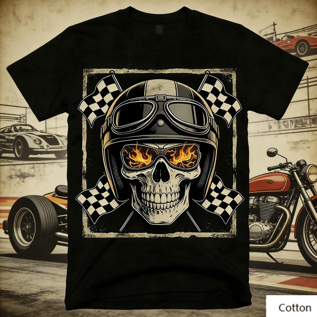 Vintage Biker Racing Totenkopf Grafik T-Shirt, Baumwolle Rundhals Kurzarm T-Shirt, Zielflagge Druck Unisex Oberteil