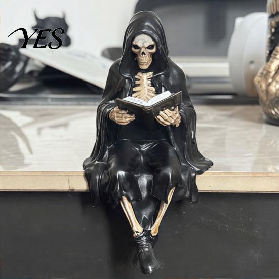 Scultura Diavolo Lettore Halloween Scheletro Statuetta Libro, Scultura Resina Spettrale, Ornamento Gotico Statua Mietitore con Veste Nera per Casa Ufficio