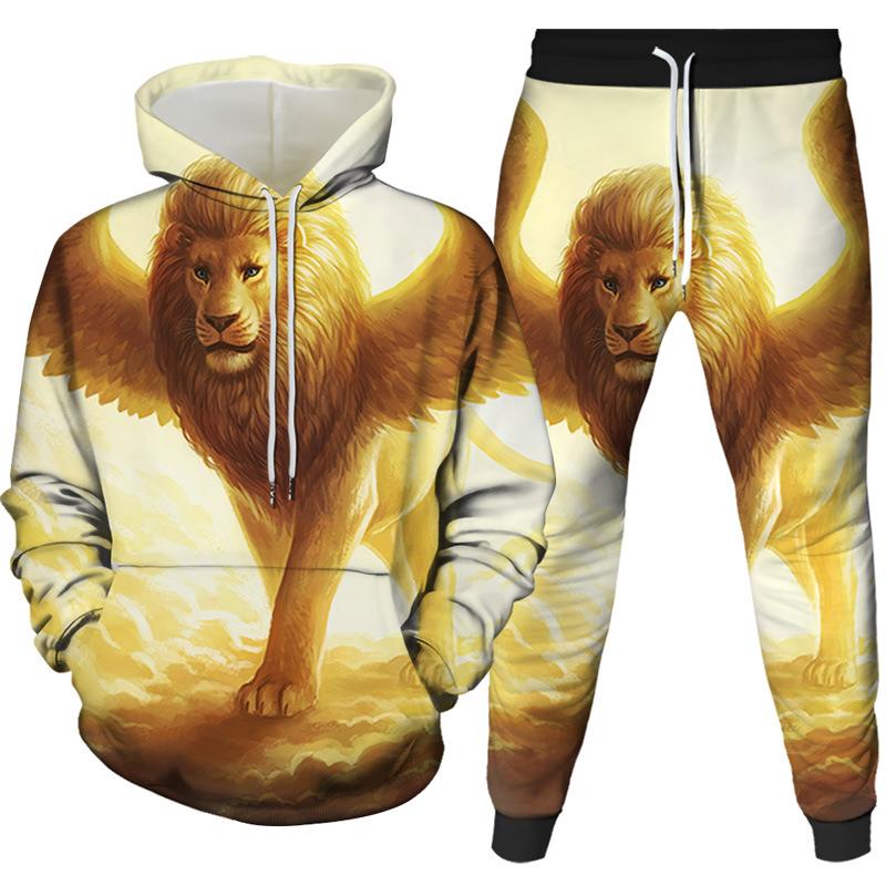 2022 foreign trade new 3d creative lion digital printing printing men's and women's hooded pullover casual sweater two-piece set