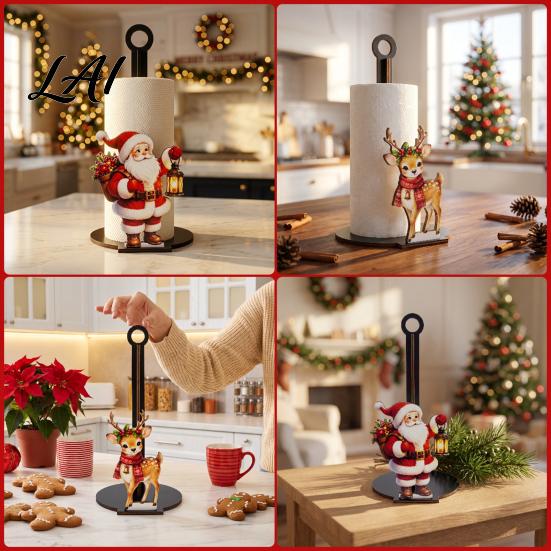 Wooden Kitchen Roll Dispenser Christmas Paper Towel Holder Decorative Vertical Dispenser Festive Countertop Stand Stable Weighted Base Organizer for