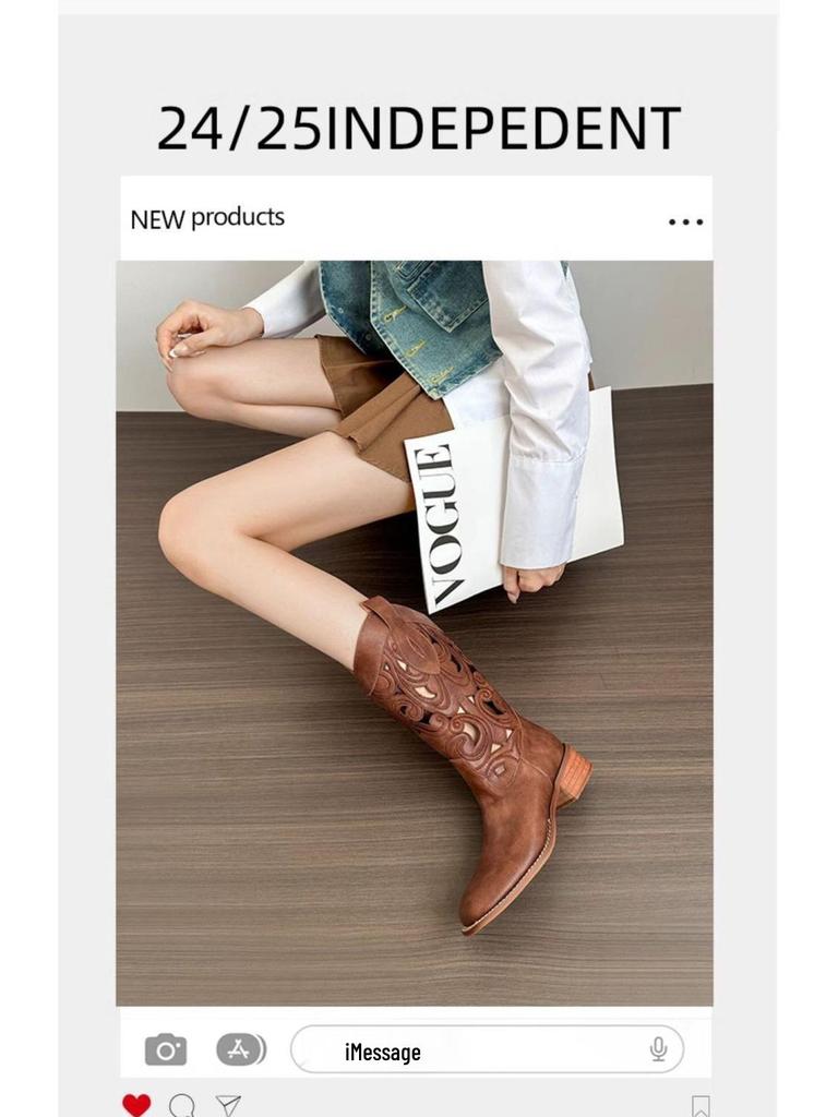 Botas Western Cowboy Bordadas de Couro Macio Femininas - Marrom Retrô Cano Médio Estilo Deserto de Verão (2025)