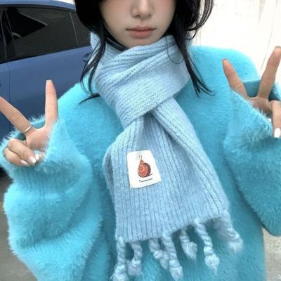 Scarf for Women Wool Soft Knitted Thick Wool Student Winter Warm Snail Mark Blue Braid Tassel Scarf for Men