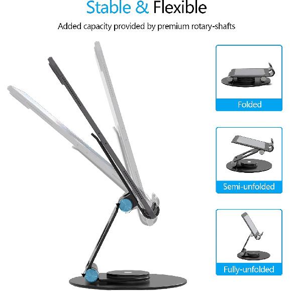 Swivel Tablet Stand, Aluminum Portable 360°Rotating Adjustable Tablet Holder for All 4-12.9’’ iPad Surface Samsung Phone Tablet Kindle E-Reader