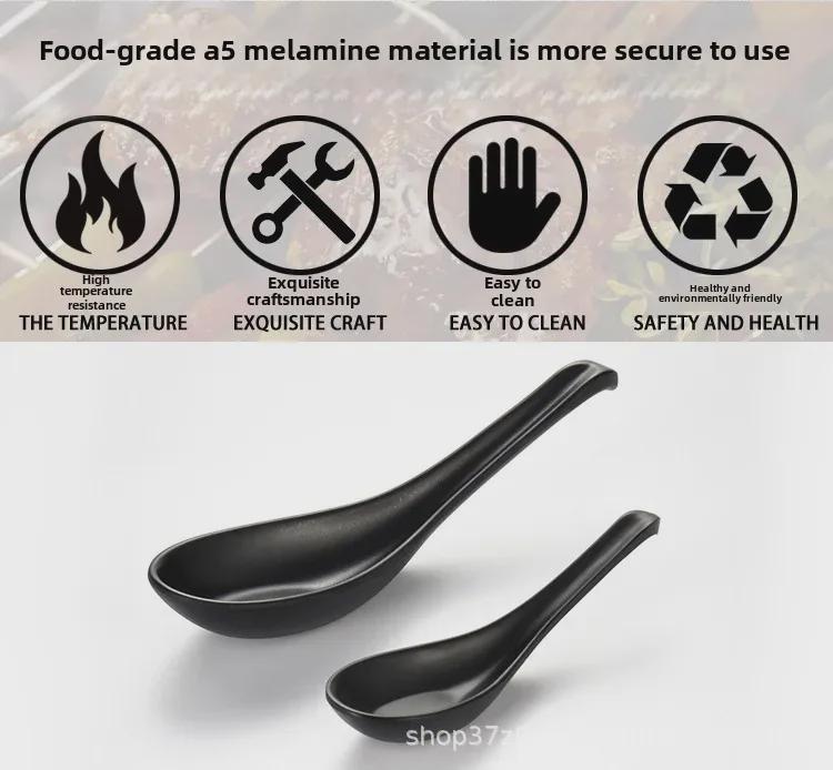 A5 Black Matte Melamine Long Handle Soup Spoon - Food Grade Porcelain Imitation for Restaurants, Hotels, and Hot Pots.