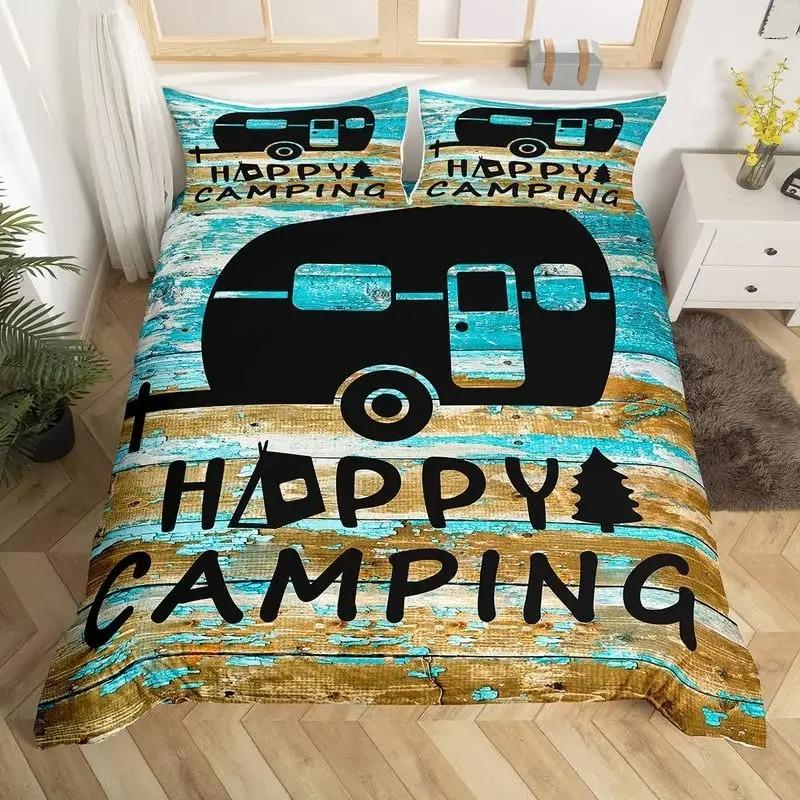 

Happy Camping Bedding Set Camper Car Duvet Cover King Queen Microfiber Smoky Mountain Wood Print Quilt Cover Set For Girls Boys EU Single(135x200cm)