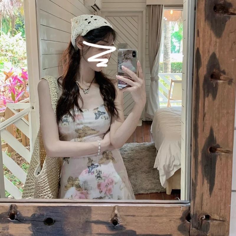 French Vintage Floral Sling Dress Summer Tight Waist Women's Seaside Holiday Beach Long Dress