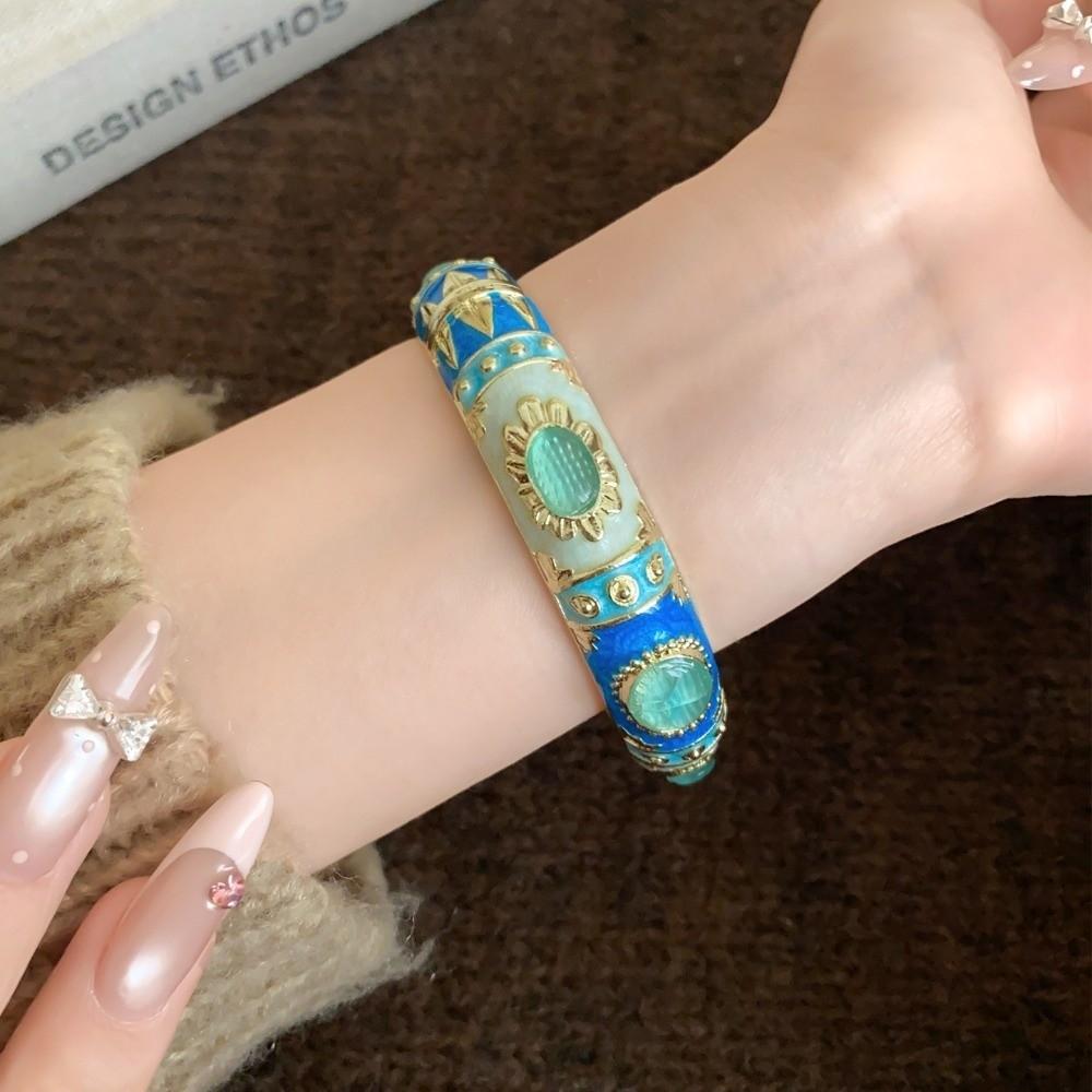 Enamel Floral Chinese Flower Bangle Cat's Eye Stone Women's Hand Bracelet Ladies