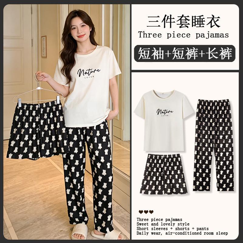 Summer Korean Sweet Pajamas Women's Crew Neck Short-sleeved Three-piece Comfortable Women's Loungewear Spot Straight Hair
