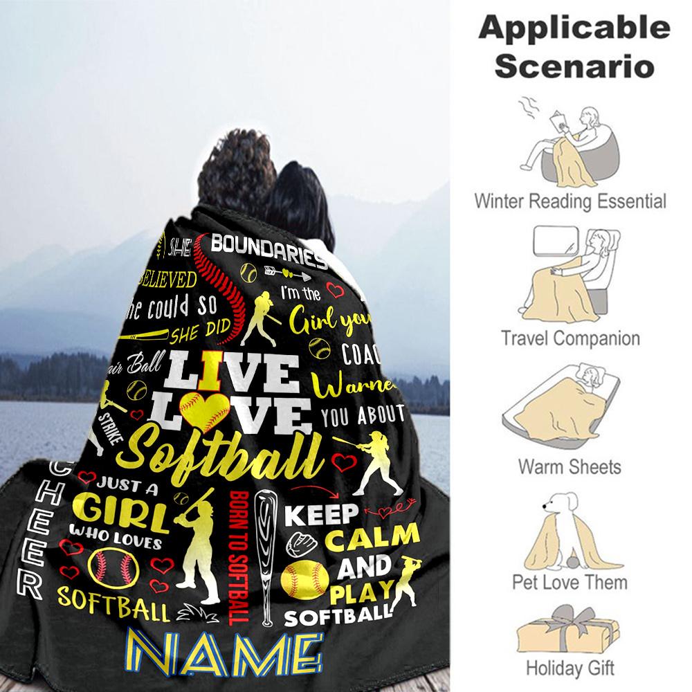 Black Softball Customize Your Name Blanket Lightweight Customizable Blanket Warmthful Decor for Bed Couch Home Decor Office Chair Ideal for All Season