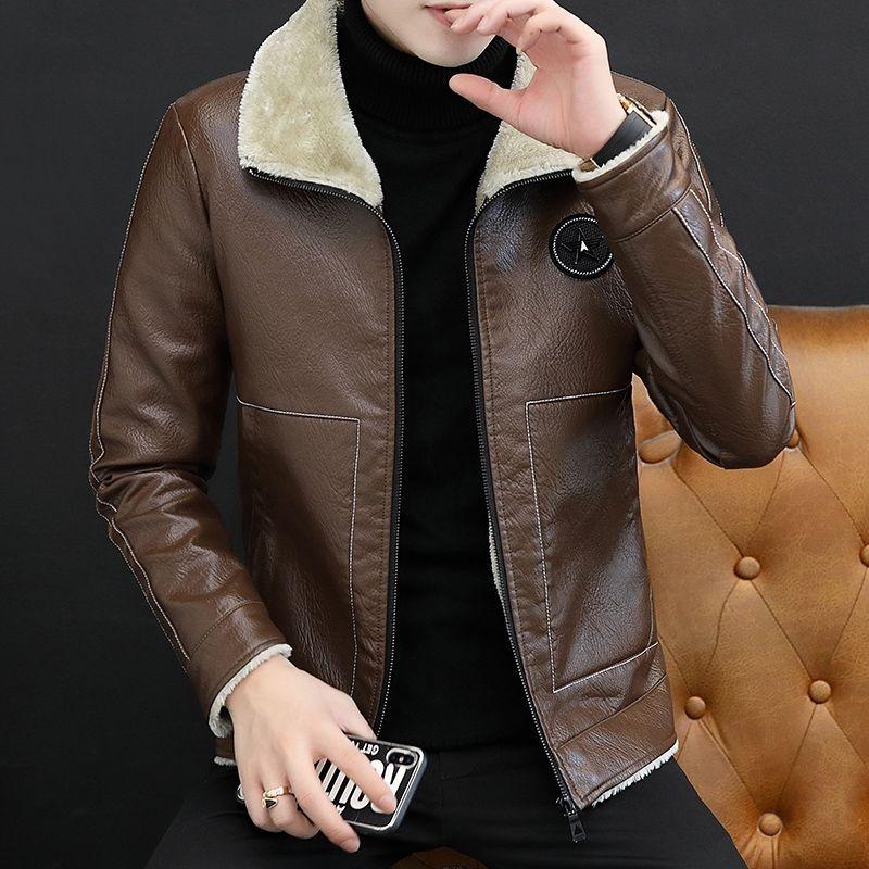 Lederjacke Herren Neu Pelz Einteilig Herren Lässig Revers Retro Motorradjacke Plus Samt Verdickt Lederjacke