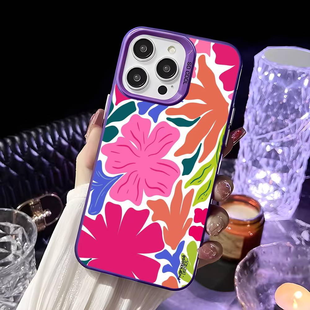 Flower Painting Art Phone Case For iPhone 16 15 14 13 12 11 Pro Max White Purple Matte Laser Metallic Aurora Funda