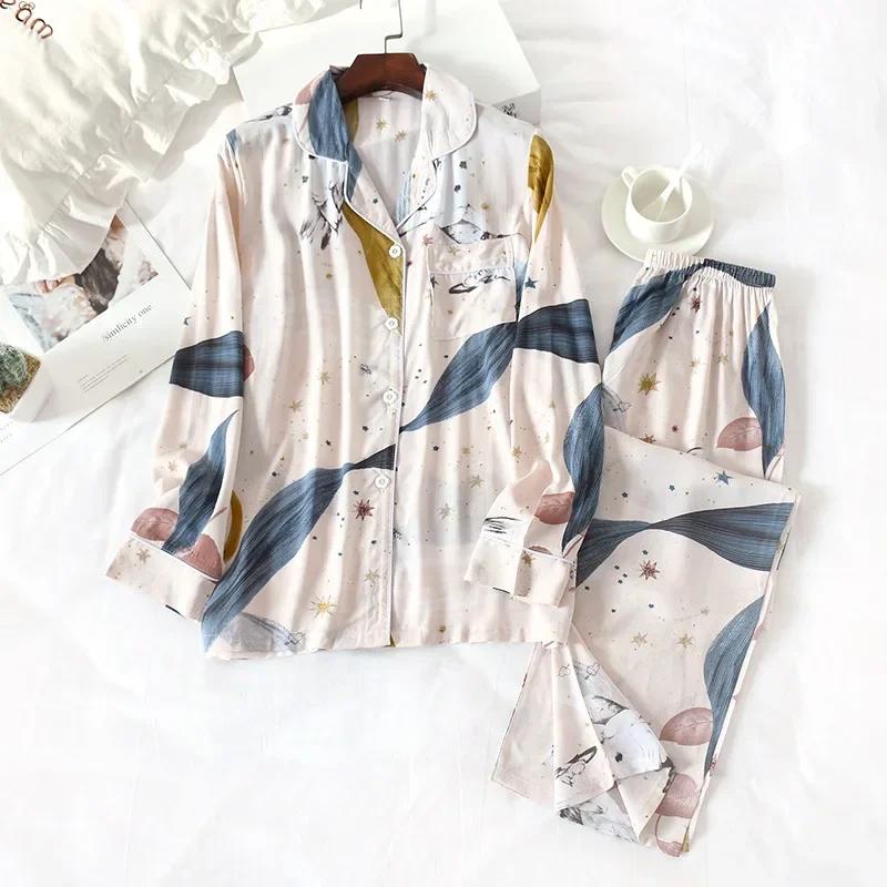 Spring and Summer 100% Viscose Pajamas Two-piece Long-sleeved Trousers Women's Flowers Comfortable Plus Size Homewear Suit