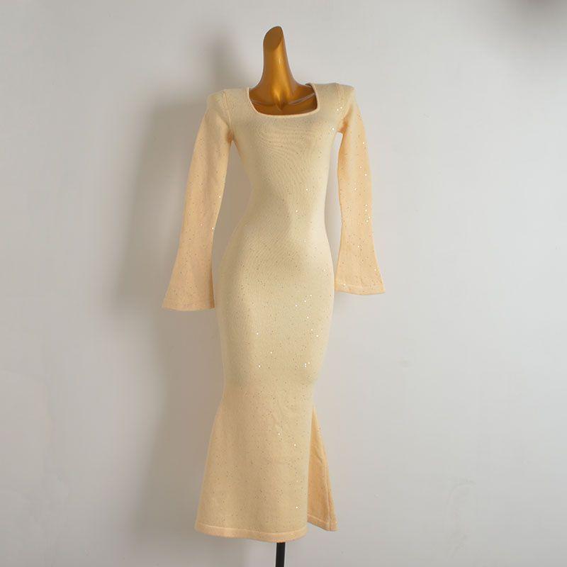 

French Simplicity Square Collar Bell Sleeve Sweaters Dress Women s Clothing Fall and Winter Waist-Tight Slim Looking Hip-Wrapped Mermaid Dress Apricot color One size