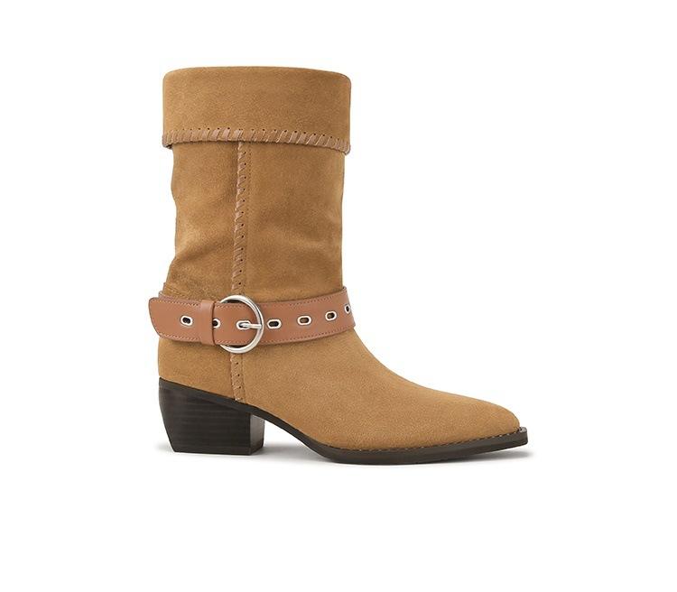 

[Su Yinyin of the same style] Dunhuang Stacking Boots~ Retro Buckle Thick Heel Knight Short Boots Women s Western Stacking Boots 35