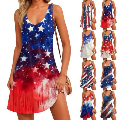 Women's Summer Casual Sun Skirt With Pocket V-Neck Independence Day Printed Loose Vest Dress