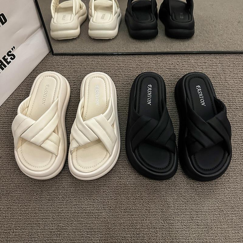 Platform drag women's shoes new summer wear beach one-word slippers cross fashion soft sole women non-slip