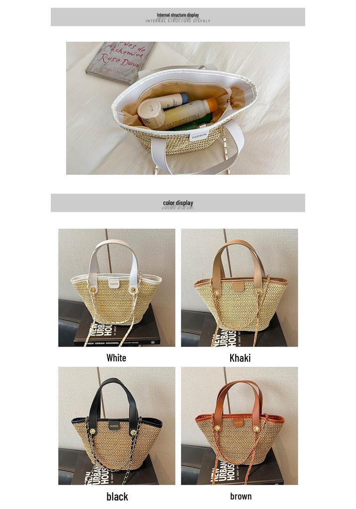 Women's 2026 Korean-Style Vacation Straw Bag: Handheld, Large Capacity, Chain Shoulder, Simple Fruit Basket Design