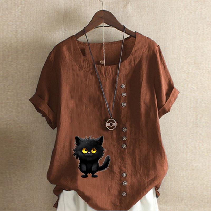 Damenmode, T-Shirt mit schwarzem Katzen-Print, kurzärmelig, lockeres Baumwollhemd, lässige Sommerbluse, Tops, Übergröße