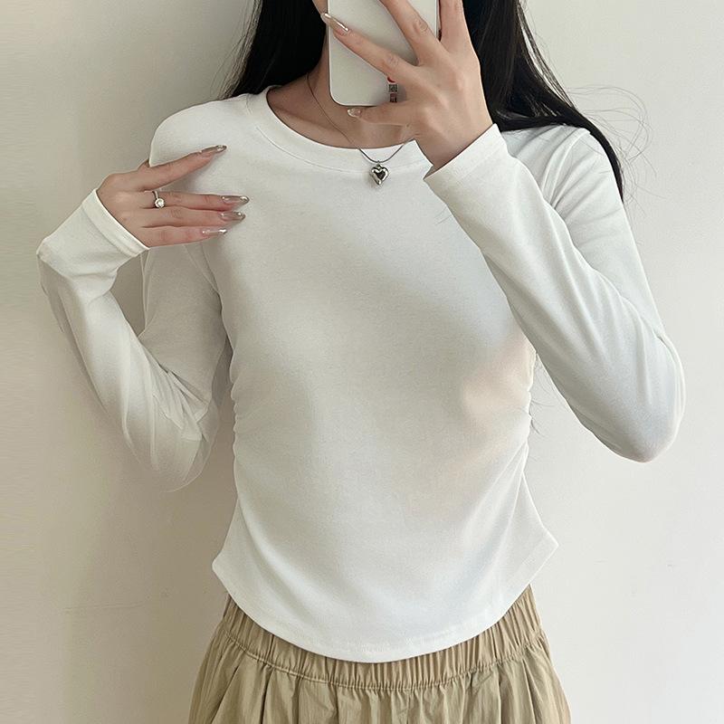 2 Cotton Wrinkled Bottoming Shirt Women's Autumn and Winter New Inner Slim-fitting Long-sleeved Top Crew Neck Front Shoulder Shirt