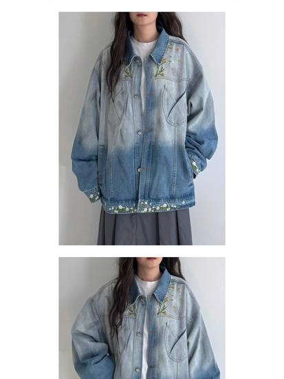 Unisex Retro Floral Embroidered Gradient Denim Jacket