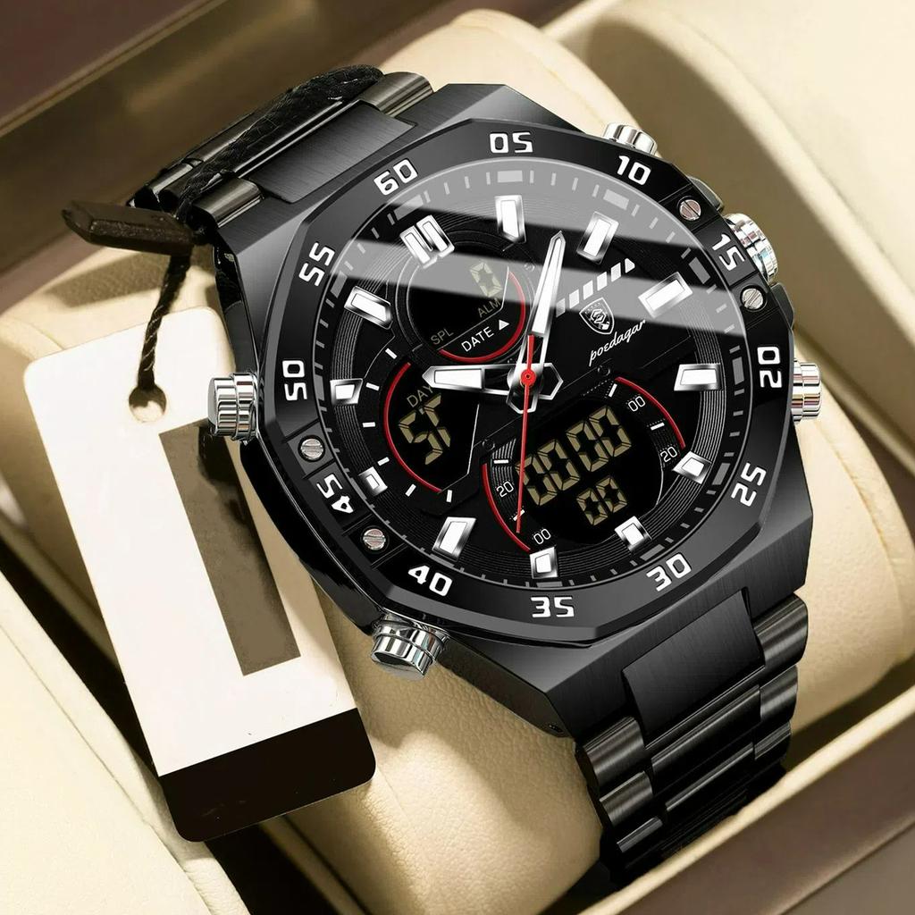 POEDAGAR Top Original Men Clock LED Luminous Waterproof Week Date Man Wristwatch Electronic Stainless Steel Quartz Men's Watches