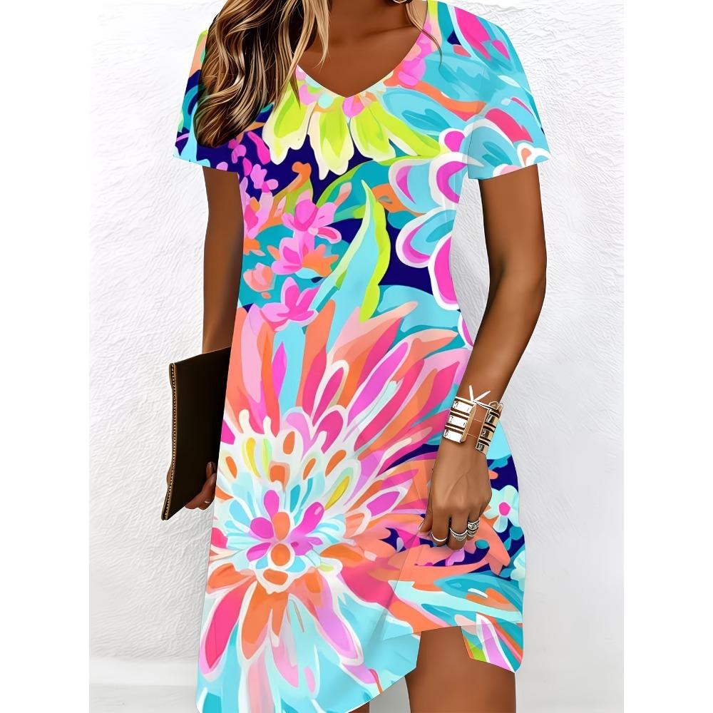 Large Size Women's Summer Casual Dress, Short Sleeved V-neck Floral Print Dress