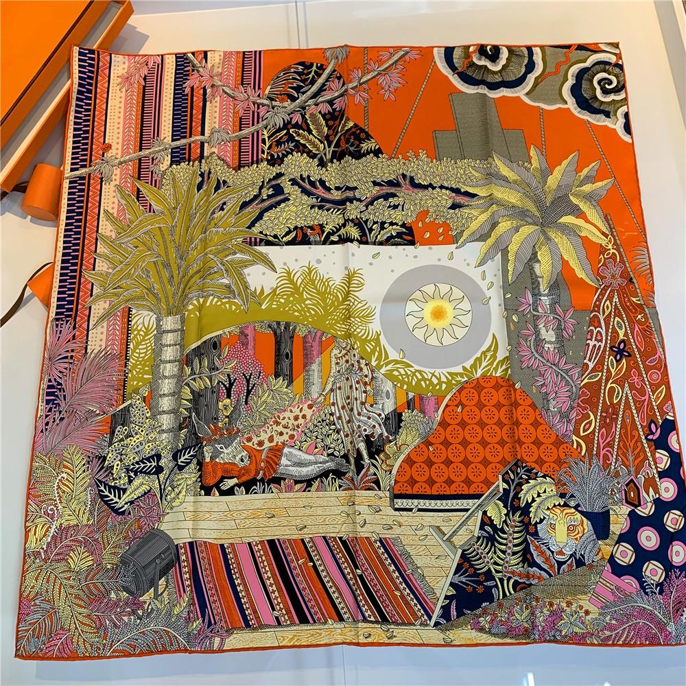 90Cm Women Scarf Summer Night Forest Twill Silk Scarf Handmade Curled Square Scarves Hijab Ladies Foulard Headband Bandana
