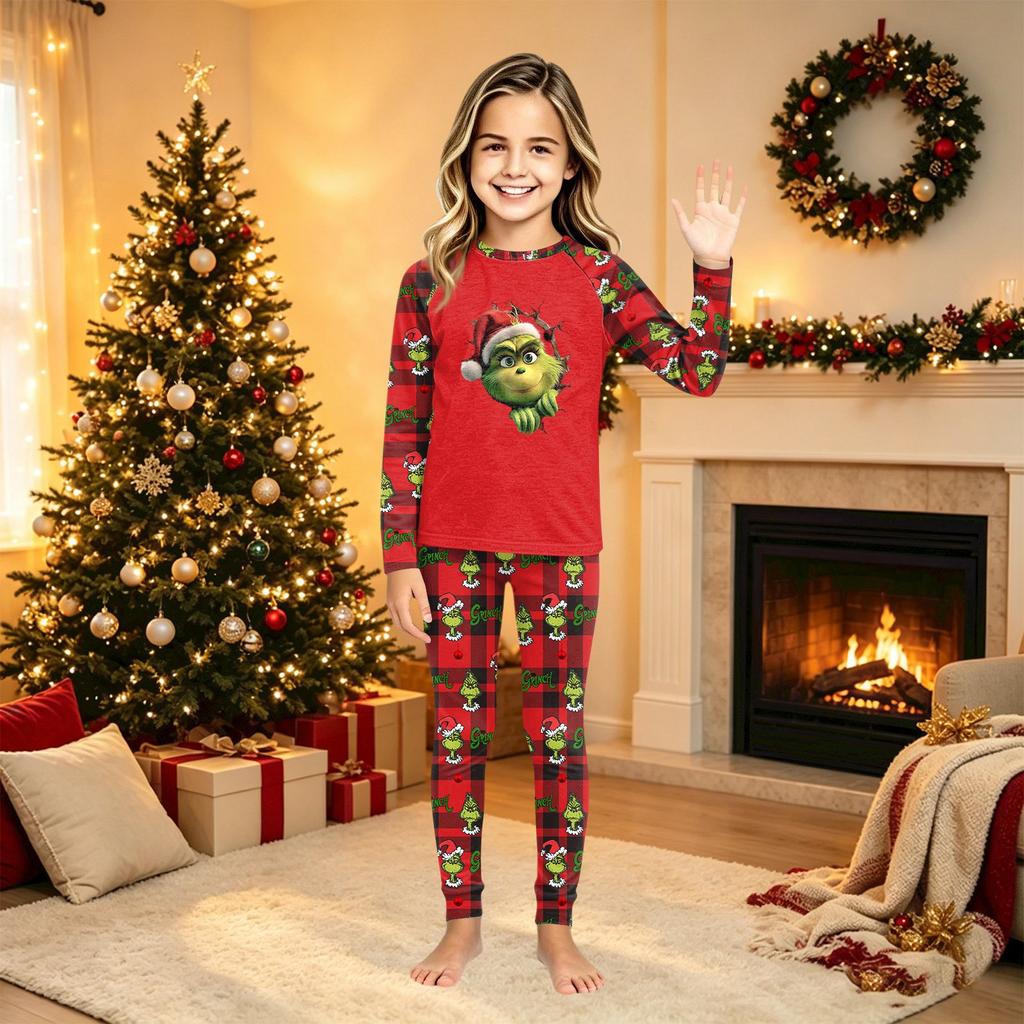 Family Matching Christmas Print Pajama Set, Long Sleeve Neck Top and Pants for Parents and Kids