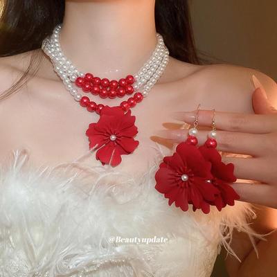 Collar de Suéter con Colgante de Flor de Perlas Retro