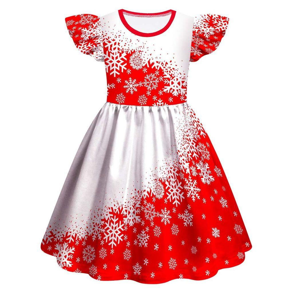Kids Girls Cartoon Santa Claus Christmas Tree Snowflake Print Ruffle Sleevess New Year Dress