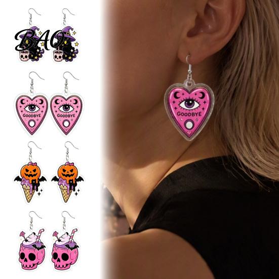 Gift for Halloween Lovers 1 Pair 2D Acrylic Earrings Women, Spooky Pumpkin Skull Trendy Cartoon Jewelry Black Cat Dangle Drop Earrings, Holiday Gifts
