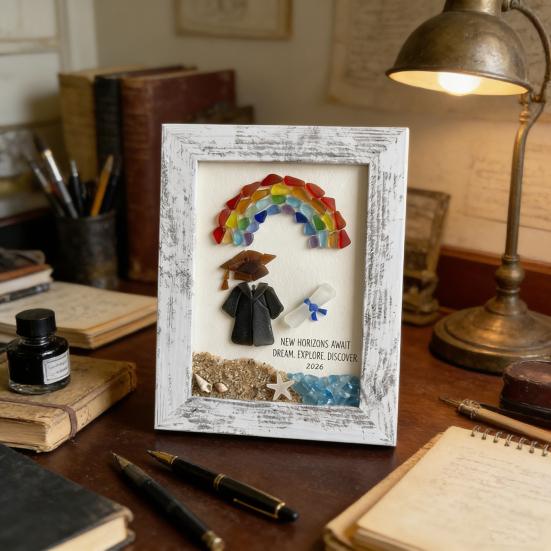 Sea Glass Graduation Art Class of 2026 Keepsake Gift Handmade Sea Glass Wall Art Frame Decor with Rainbow Gift for High School College Graduate