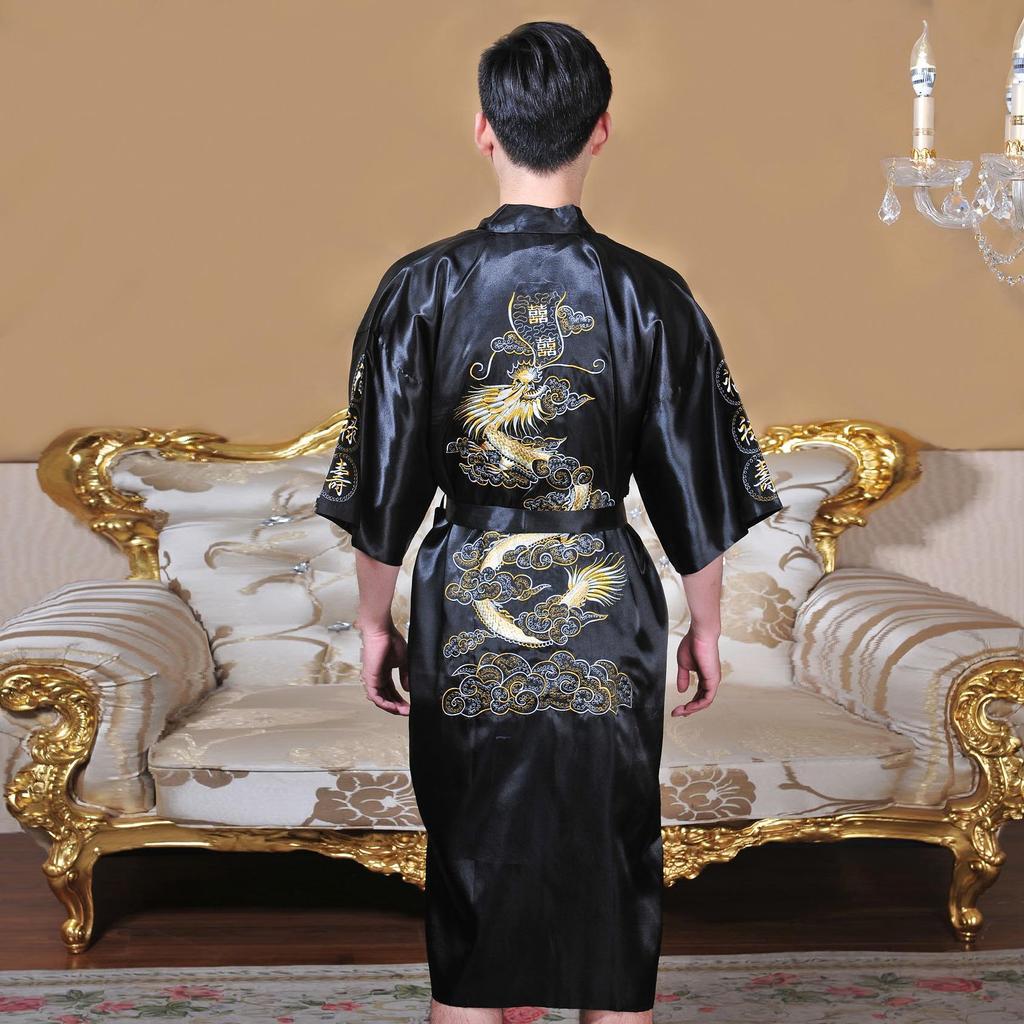 Men's Embroidered Silk Dragon Robe - Chinese Style Long Bathrobe