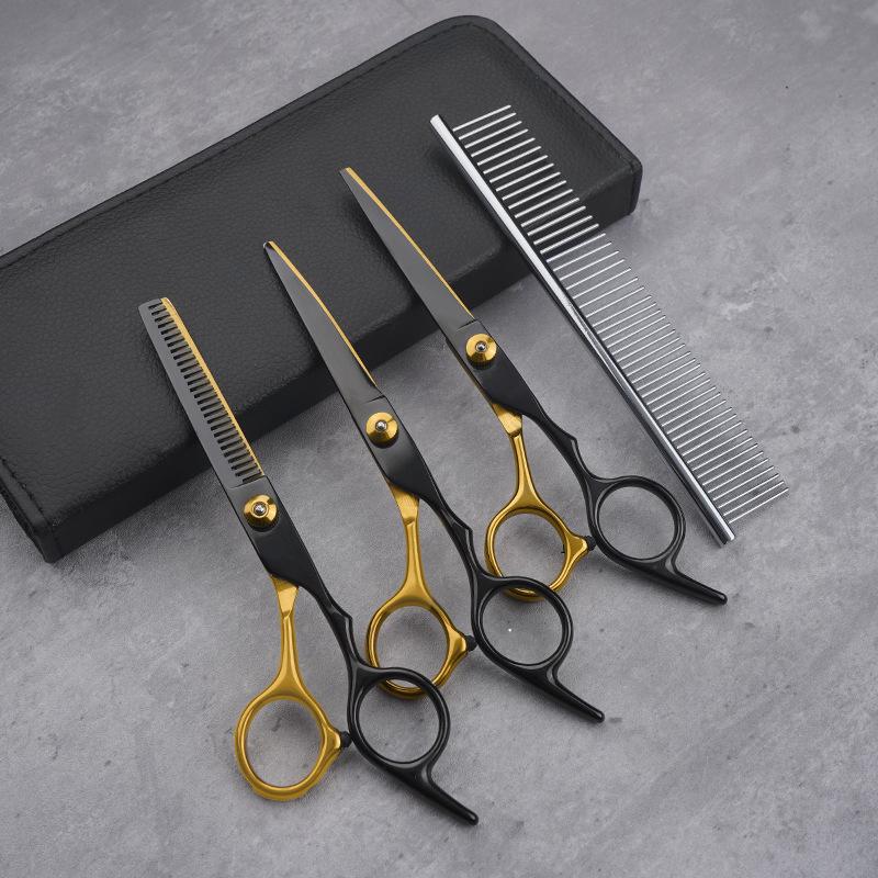 All-Steel Pet Grooming Scissors Set: Flat-Tooth & Curved Trimmers for Dog Hair Care.