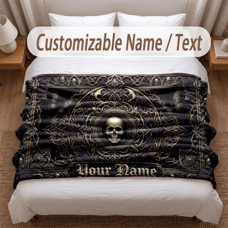 Skull Gothic Theme Soft Blanket Personalized Custom Name Text Print Warm Blanket Home Sofa Bedroom Decor