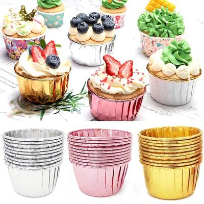 50 Stück Backverpackungen Muffinförmchen aus Papier, Kuchenförmchen, ölbeständig, wasserdicht, Aluminiumfolie, Rollmundbecher, hohe Temperaturbeständigkeit