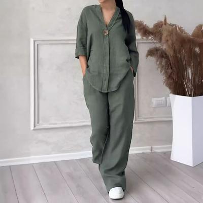 2 τμχ/Σετ Γυναικείο Πουκάμισο Παντελόνι Plus Size Σετ μονόχρωμο μακρυμάνικο V μπλούζα λαιμόκοψη Φαρδύ παντελόνι στη μέση