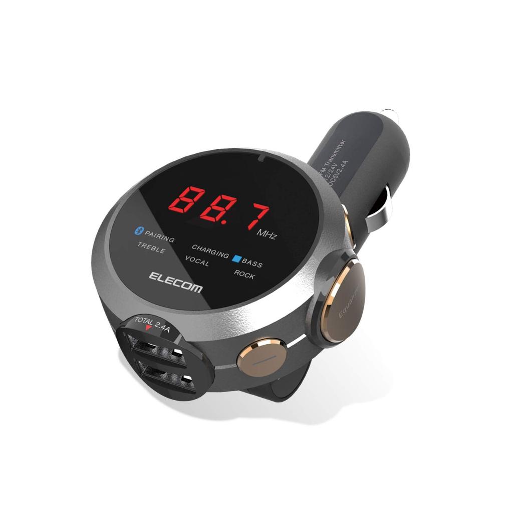 Elecom FM Transmitter with Deep Bass Mode, Equalizer, Bluetooth, 2 USB Ports, 2.4A Charging, Black (LAT-FMBTB05BK)