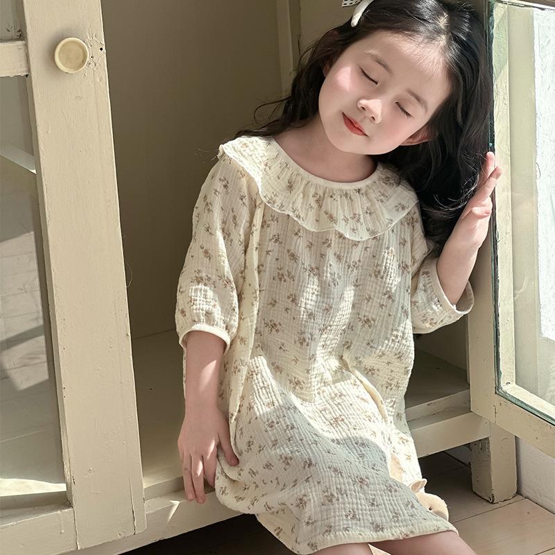 Girls Princess Style Thin 100 Percent Cotton Nightdress Kids Summer Sleepwear Home Clothing